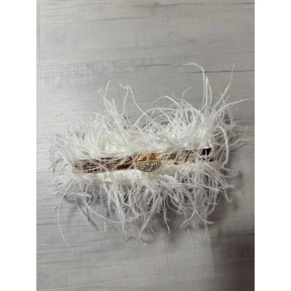 White Feather Clutch Bag Gold Rhinestone Ring Clasp Evening Bag